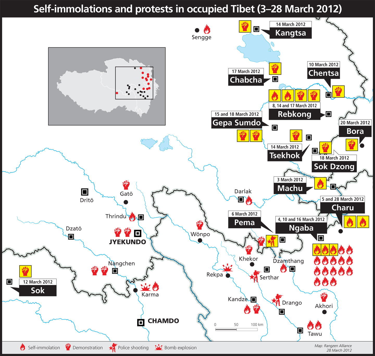 Sel-immolations and prosets in occupied Tibet (3-28 March 2012)